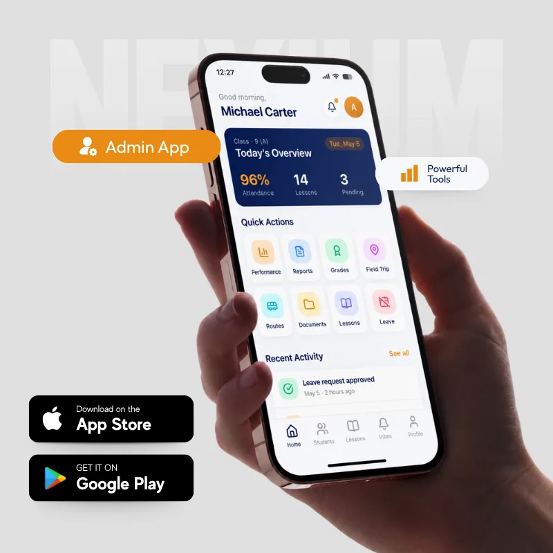 Nexium Admin App on iPhone - a hand holding a phone showing the admin dashboard: today's overview with 96% attendance, 14 lessons and 3 pending, plus quick actions.