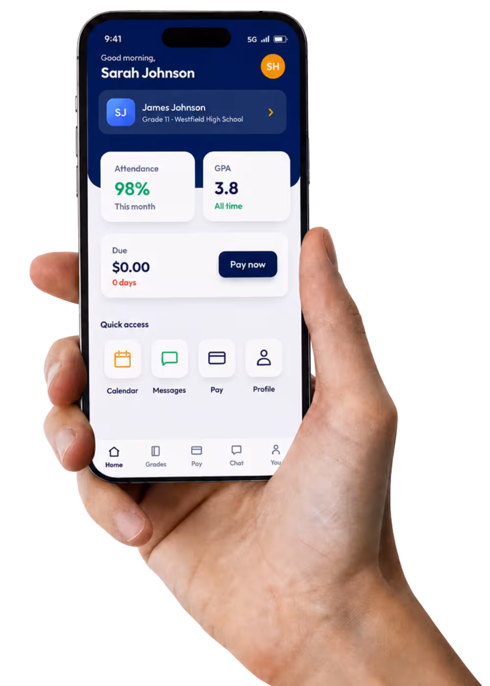 Parent holding a phone showing the Nexium mobile app